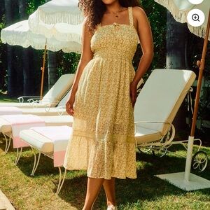 Yellow Floral Smocked ruffle Midi Dress Bridgerton style Size XL